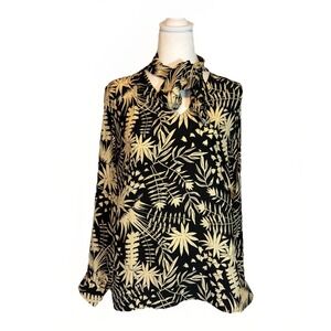 Uniqlo x Carine Roitfeld Paris Silk Blouse Bow Neck Black Cream Print M‎